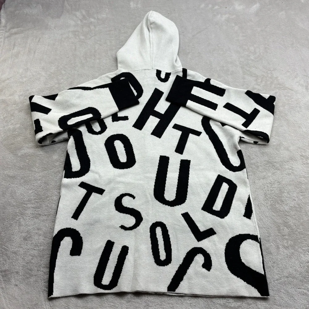 Frank Lyman Zip Hooded Cardigan Womens M White Black Alphabet Chic Avant Garde